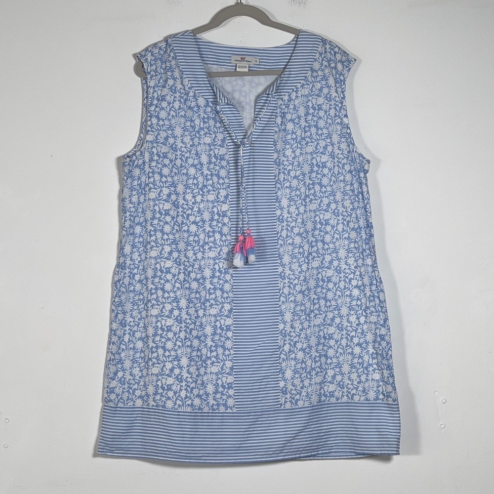 Vineyard Vines Otomi Sleeveless Tunic Dress Womens Sz XL Blue Floral Stripe - Picture 3 of 12
